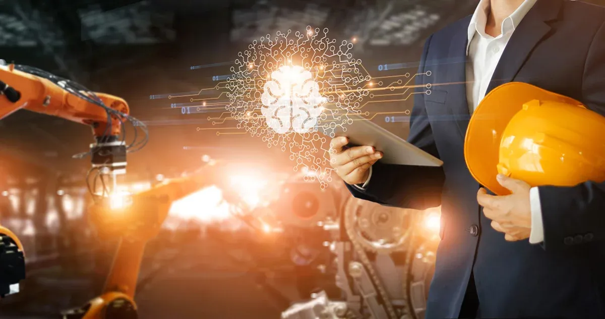 Foto mit einem Geschäftsmann im Anzug, der einen orangen Baustellenhelm unter dem Arm trägt und ein Tablett in der Hand hält. Der Hintergrund symbolisiert die Digitalisierung von Unternehmen.