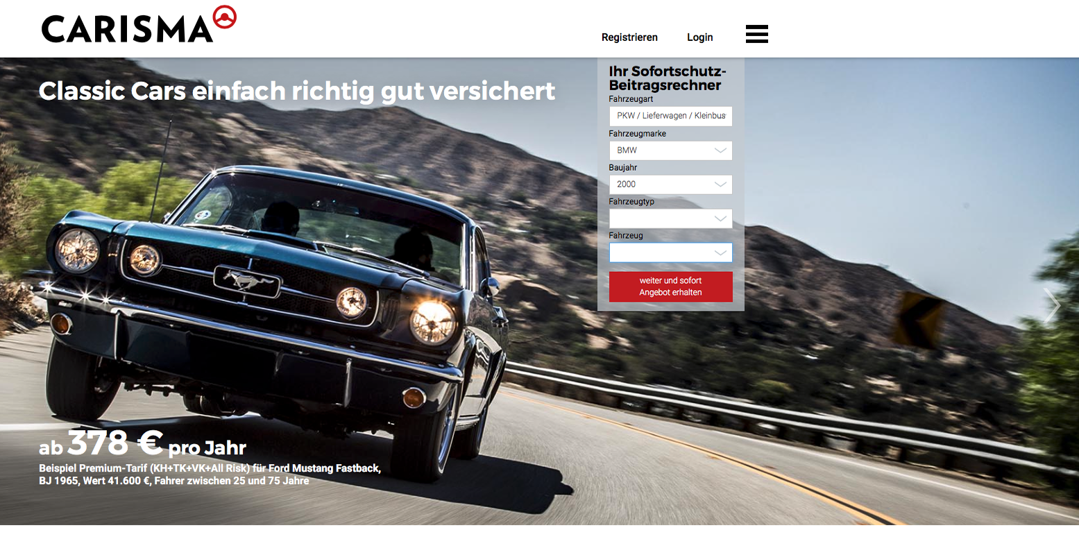 Screenshot der Website mit eingebundenem Tarifrechner von unserem Kunden CARISMA Assecuradeur GmbH