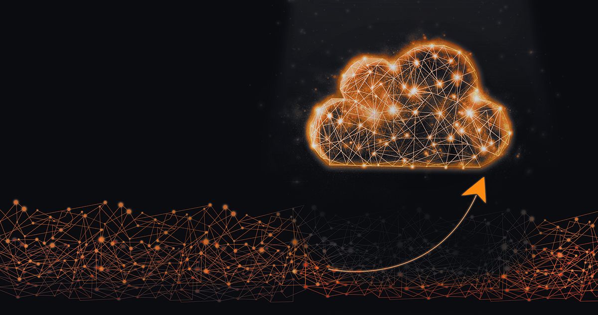 Datenwolke aus neuronalem Netz vor schwarzem Hintergrund